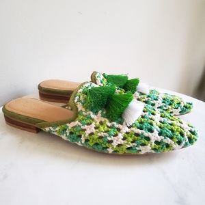 New Mariana Green Woven Flat Mules with Tassels Sz 8